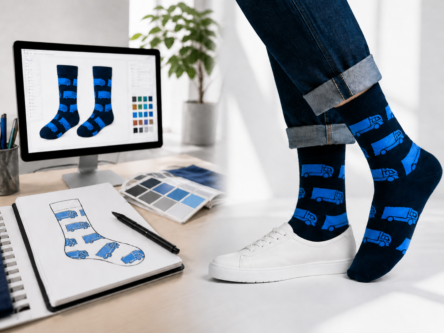 Beispielabbildung „Persoonlijke sokken - Productieproces“: individuelle Socken nach Kundenauftrag (Custom Socks), kein Katalogprodukt