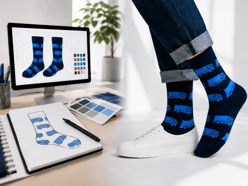 Beispielabbildung „Designskabeloner“: individuelle Socken nach Kundenauftrag (Custom Socks), kein Katalogprodukt