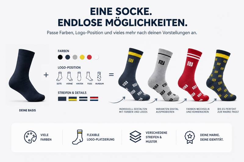 Beispielabbildung „Anpassungsoptionen für klassische Socken“: individuelle Socken nach Kundenauftrag (Custom Socks), kein Katalogprodukt