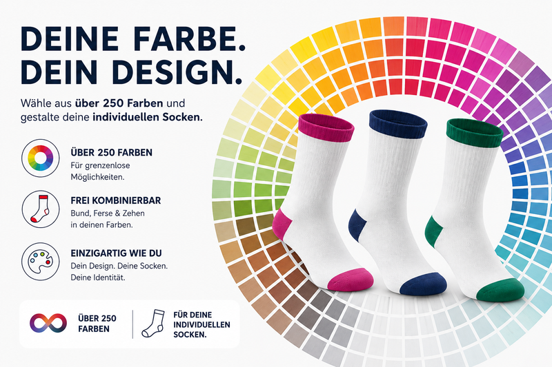 Beispielabbildung „Farbkataloge“: individuelle Socken nach Kundenauftrag (Custom Socks), kein Katalogprodukt