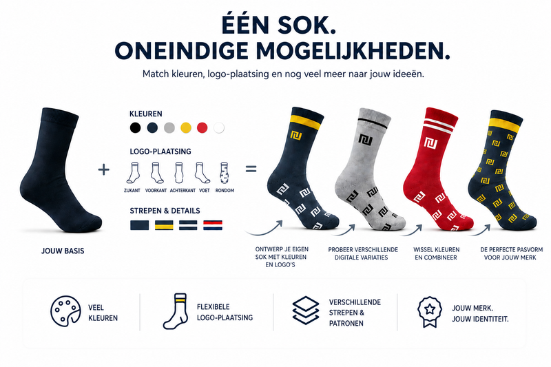 Beispielabbildung „Aanpassingsopties voor klassieke sokken“: individuelle Socken nach Kundenauftrag (Custom Socks), kein Katalogprodukt