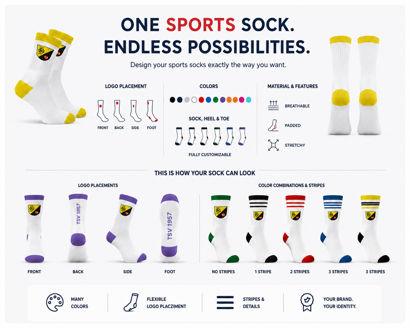 Beispielabbildung „Customization Options for Sports Socks“: individuelle Socken nach Kundenauftrag (Custom Socks), kein Katalogprodukt
