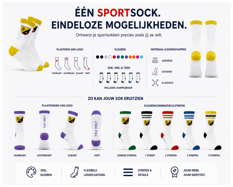 Beispielabbildung „Aanpassingsopties voor sportsokken“: individuelle Socken nach Kundenauftrag (Custom Socks), kein Katalogprodukt