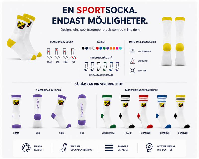 Beispielabbildung „Anpassningsalternativ för sportstrumpor“: individuelle Socken nach Kundenauftrag (Custom Socks), kein Katalogprodukt