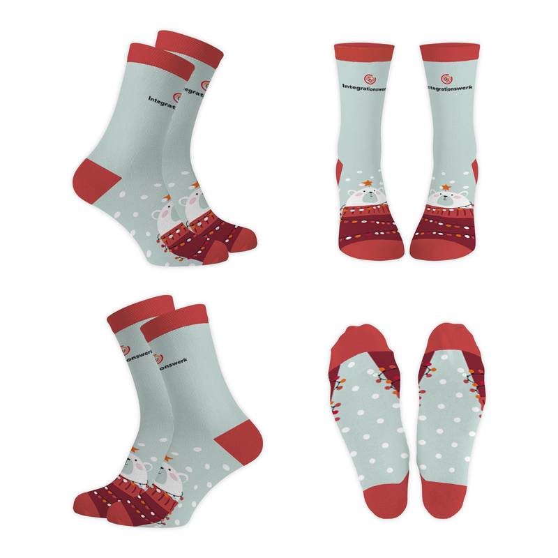 Beispielabbildung „Klassisk sok fra Integrationswerk“: individuelle Socken nach Kundenauftrag (Custom Socks), kein Katalogprodukt